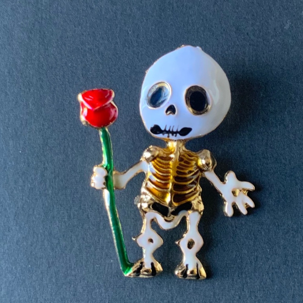 Gothic Skeleton Red Rose Enamel Brooch Skull Pin Spooky Halloween Vtg Style